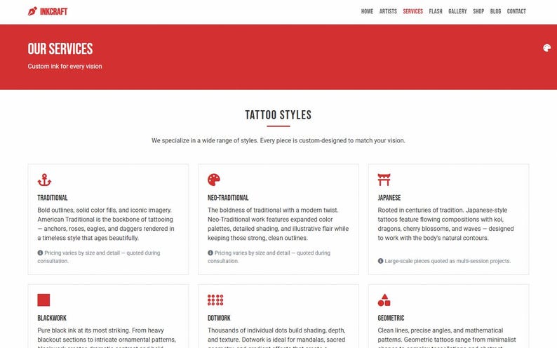 May include: A website for Inkcraft tattoo studio, with a red header displaying "OUR SERVICES" and "Custom ink for every vision." The page highlights "TATTOO STYLES," presenting options like Traditional, Neo-Traditional, and Japanese, with descriptions of each style.