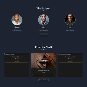 May include: Website for Sharp Cuts barbershop in Nashville. The page displays the slogan "Your chair is waiting." and includes navigation, barber profiles, product listings, and customer testimonials. The site promotes a traditional, craft-focused experience.