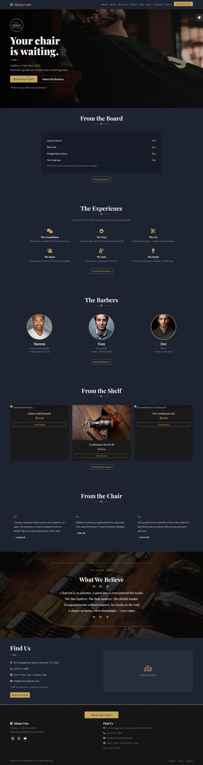 May include: Website for Sharp Cuts barbershop in Nashville. The page displays the slogan "Your chair is waiting." and includes navigation, barber profiles, product listings, and customer testimonials. The site promotes a traditional, craft-focused experience.