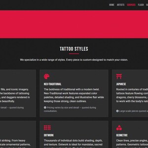May include: A website for Inkcraft tattoo studio, with a black and red colour scheme. The site displays different tattoo styles, such as Traditional, Neo-Traditional, and Japanese, each with descriptions and icons.