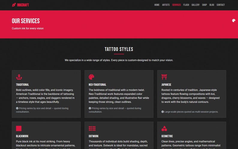 May include: A website for Inkcraft tattoo studio, with a black and red colour scheme. The site displays different tattoo styles, such as Traditional, Neo-Traditional, and Japanese, each with descriptions and icons.