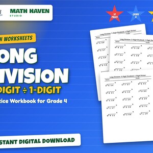 May include: A digital math workbook for grade 4 featuring long division practice worksheets. The blue background displays the text Math Haven Studio, Math Worksheets, Long Division, 3-Digit ÷ 1-Digit, Practice Workbook for Grade 4, and Instant Digital Download.