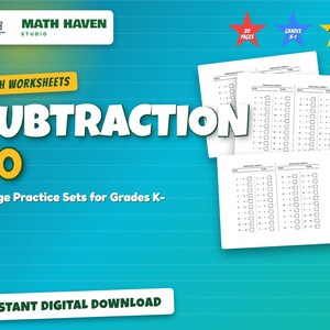 May include: Math worksheets for subtraction, featuring the text "SUBTRACTION 20" and "5-Page Practice Sets for Grades K-1." The image includes a stack of worksheets and the words "INSTANT DIGITAL DOWNLOAD."