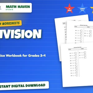 以下が含まれることがあります： 「MATH WORKSHEETS DIVISION 4 Practice Workbook for Grades 3-4」のテキストが入った青色の背景。割り算の問題が書かれた白いワークシートの束が含まれています。画像には「INSTANT DIGITAL DOWNLOAD」の文字も含まれています。