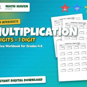 May include: A digital math workbook for grades 4-5 featuring multiplication practice of 4-digit by 1-digit numbers. The set includes 10 pages of printable PDF worksheets from Math Haven Studio, displayed on a teal background with star icons.