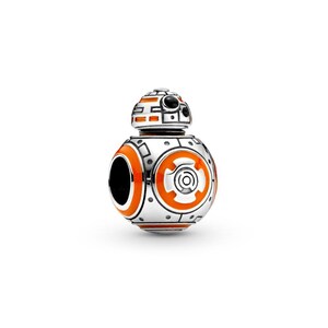 May include: A silver charm featuring a BB-8 droid design from Star Wars. The charm has orange and black enamel details, with a round body and a domed head. The design includes geometric shapes and circular patterns.