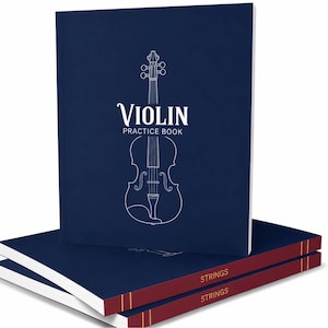 May include: A dark blue practice book with a white line drawing of a violin on the front cover. The text VIOLIN PRACTICE BOOK is printed in white above the instrument. Two additional copies are stacked horizontally below, showing red spines.