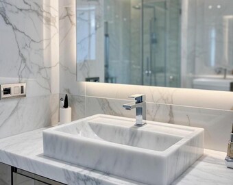 Handmade Carrara Marble Sink – Rectangular Vanity Basin, Custom Size