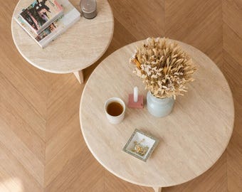 Round Travertine Coffee Table - Natural Stone - Minimalist Living Room Center Table - Handmade Sculptural Furniture