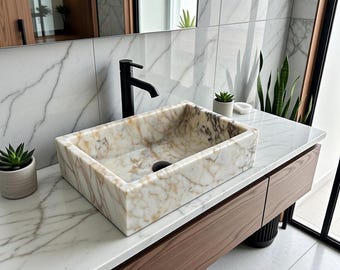 Handmade Calacatta Gold Marble Sink – Luxury Stone Vessel