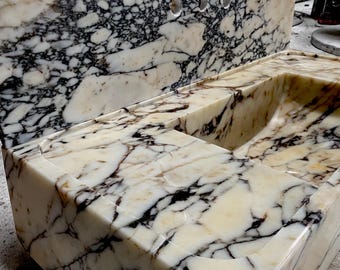 Handmade Calacatta Marble Sink with Backsplash, Natural Stone Vessel