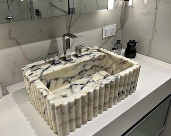 Calacatta Marble Rectangular Vessel Sink, Handmade Luxury Natural Stone Bathroom Basin