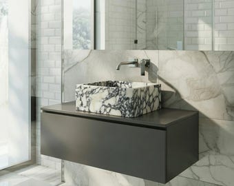 Handcrafted Marble Vessel Sink, Rectangular Natural Stone Bathroom Basin