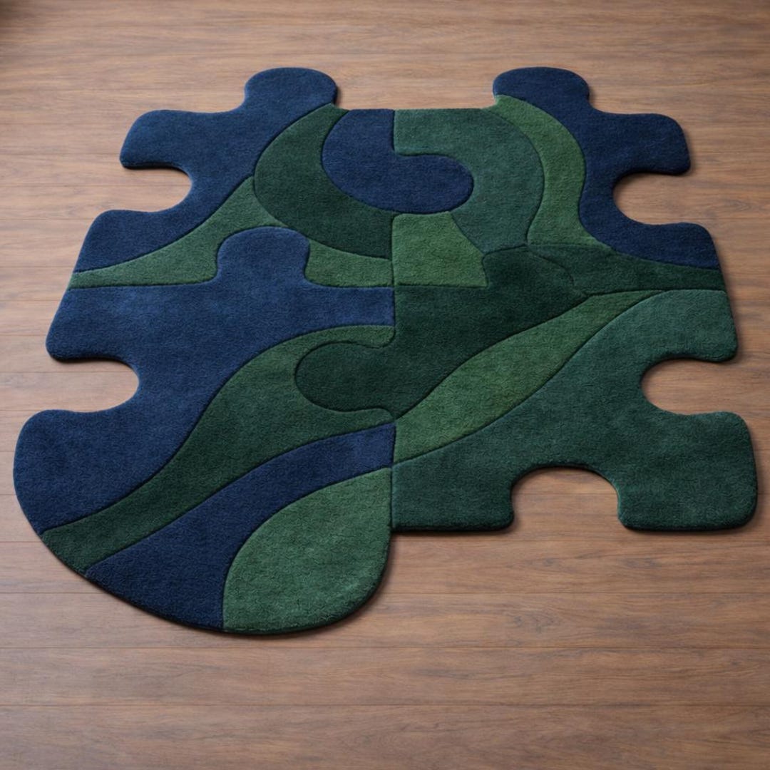 Modern Puzzle Rug Blue Green Abstract Puzzle Shape Rug Modern Contemporary Irregular Area ...