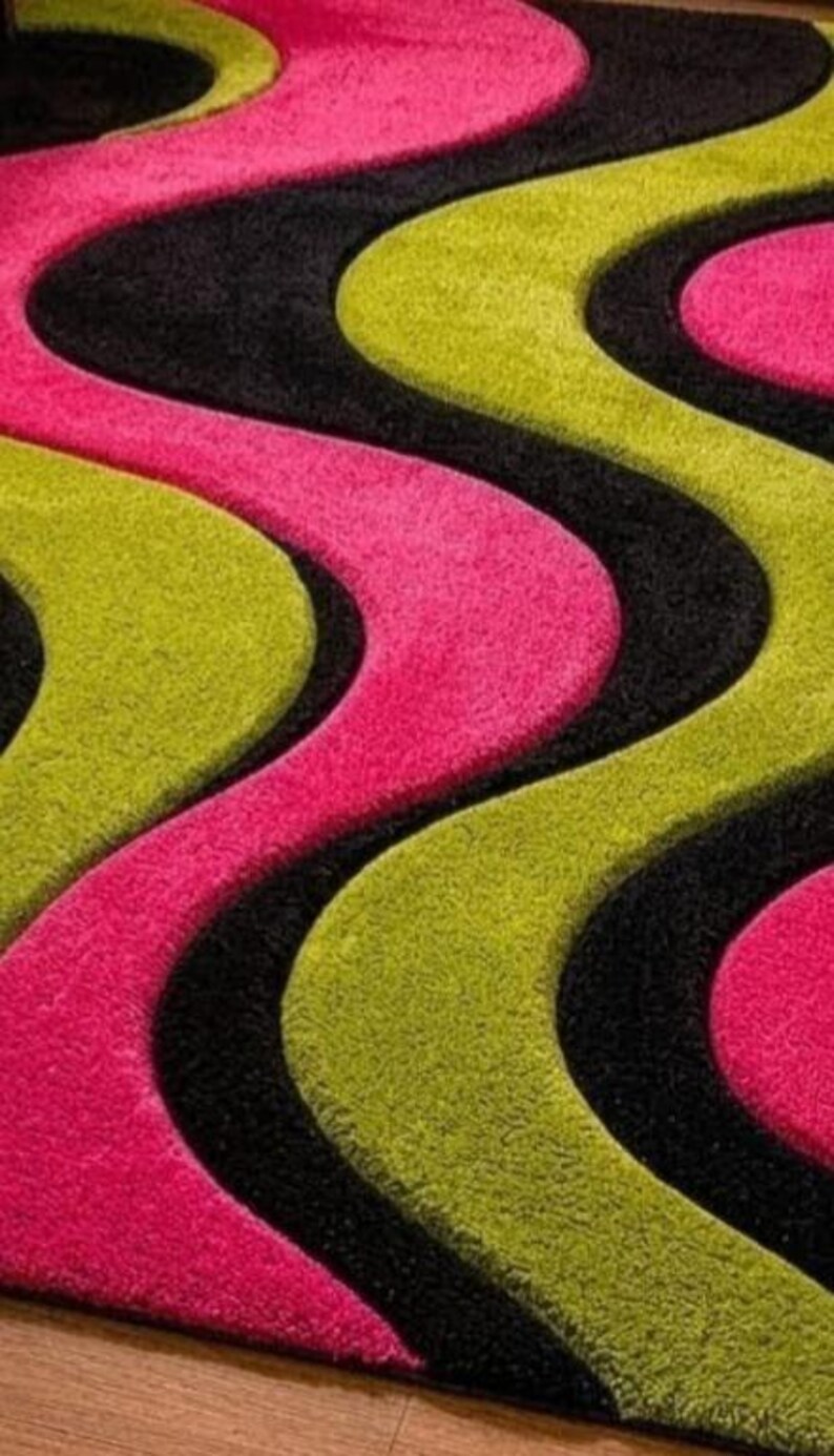 Wavy Edged Rug Handmade Abstract Wool Rug, Hot Pink Green Wavy Design, Contemporary ...