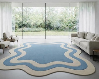 Blau Creme Unregelmäßiger Wellenteppich Moderner Abstrakter Teppich für Wohnzimmer Schlafzimmer