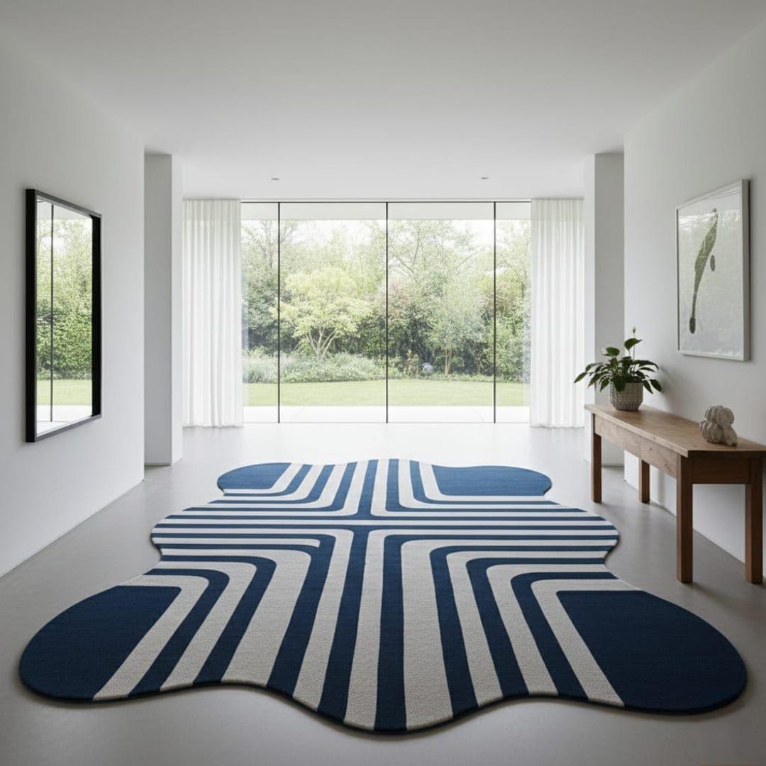Modern Blue and White Wavy Rug, Organic Abstract Area Rug - Etsy