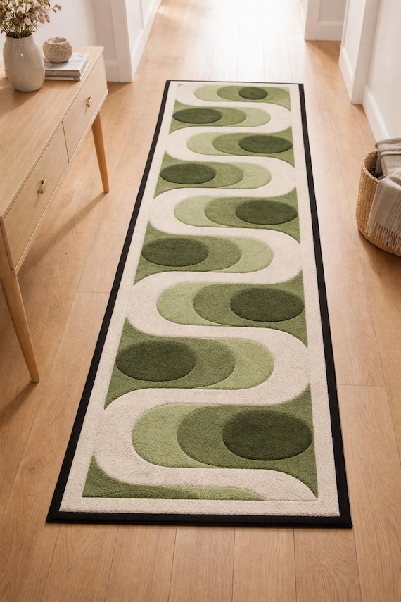 Retro Green Geometric Runner Rug, Mid Century Modern Hallway Carpet
