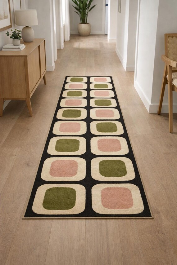 Retro Geometric Runner Rug, Mid Century Modern Hallway, Black Green Pink Carpet