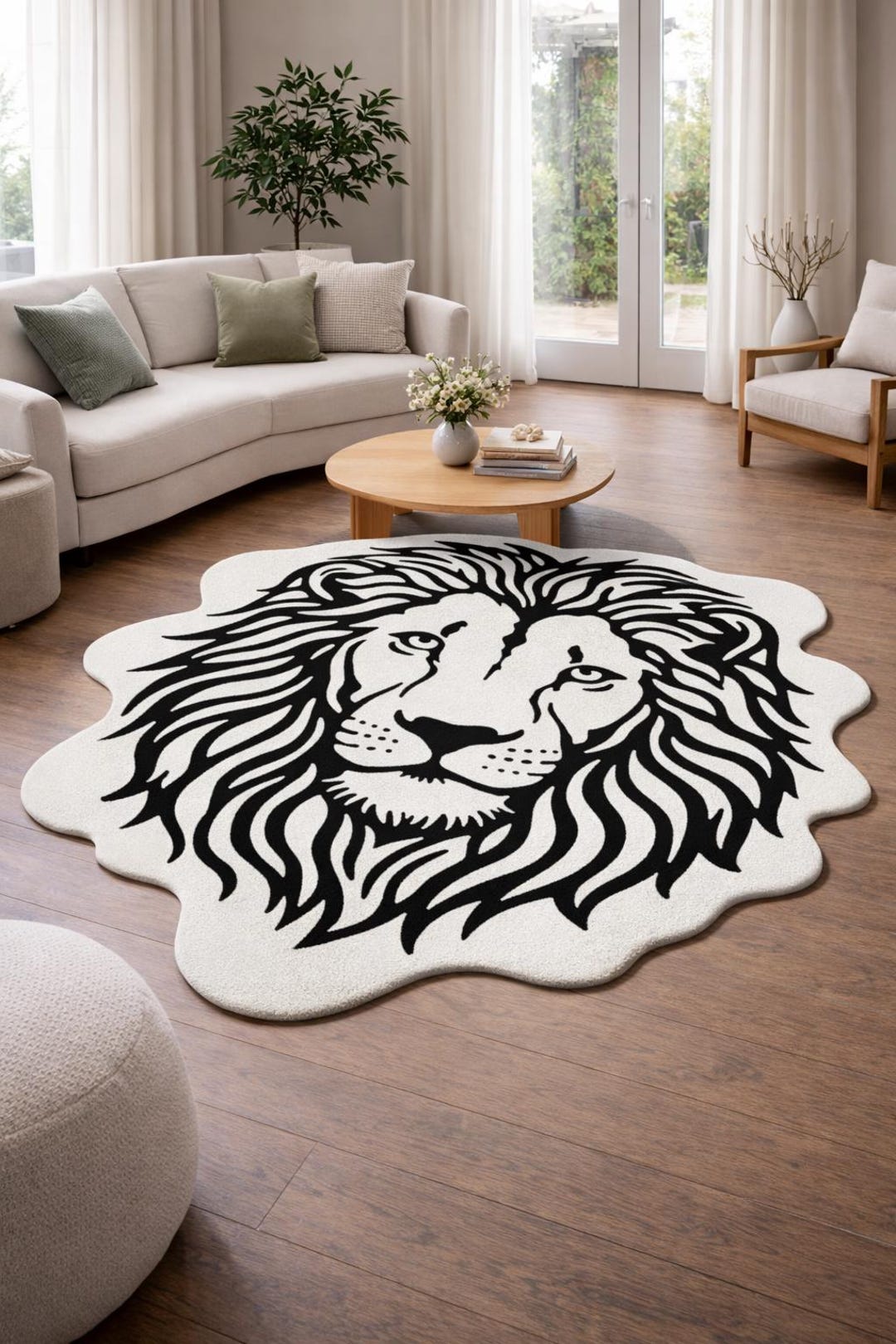 Black and White Lion Face Rug | Modern Animal Shaped Area Rug - Etsy