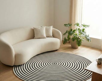 Modern svartvit koncentrisk cirkelrund matta, minimalistisk stil