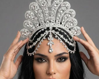 Luxury Crystal Bridal Crown, Wedding Tiara, Statement Headpiece, Pageant Crown – 7 Color Options