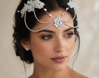 Crystal Bridal Head Chain Headpiece, Forehead Jewelry Wedding Headband, Elf Tiara
