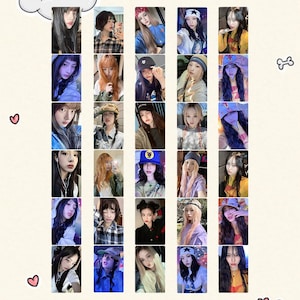 May include: A set of trading cards displaying different people. The cards show a range of hairstyles, clothing, and accessories. The colour scheme includes blues, yellows, and pinks, set against a light background.
