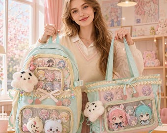 Plecak i torba na ramię Kawaii Ita, torba z nadrukiem anime, torba z uroczym pluszowym logo, pastelowa torba na lalki na przypinki i fotokartki