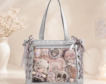 Torba Ita, torba na ramię z nadrukiem anime, przezroczysta torba z okienkiem, kawaii sznurowana torba na pluszowe przypinki i guziki