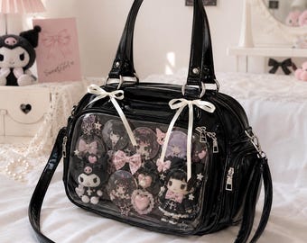 Czarna torebka Ita, torebka na ramię z pinezką Kawaii Anime, przezroczysta torebka typu crossbody z okienkiem, odpinany pasek, wkładka z PVC