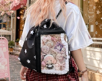 Plecak Ita ze ściągaczem, torba z nadrukiem Kawaii Anime Pins, torba na siłownię z przezroczystym okienkiem, pluszowa torba na odznaki na karty fotograficzne