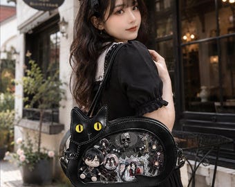 Torba gotycka z czarnym kotem Ita, torba z nadrukiem Kawaii Goth Anime Pin Display, przezroczysta torba na ramię na piny, odznaki, pluszowe lalki