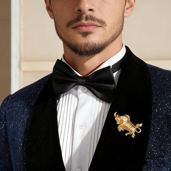 white gold dress husband Bull Brooch for Men, Personalized Zodiac Ox Pin, Anniversary Gift for Husband, Groomsmen Suiting Accessory, Mascot Pin Asymmetric Neckline