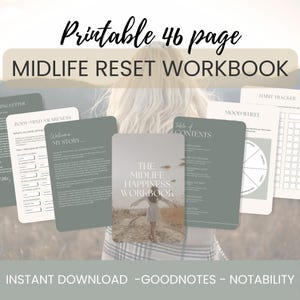 May include: A digital workbook titled "Midlife Reset Workbook" with a 46-page layout. The cover features a woman in a field. The workbook includes sections on body-mind awareness, a habit tracker, and a mood wheel. Instant download available.
