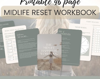 May include: A digital workbook titled "Midlife Reset Workbook" with a 46-page layout. The cover features a woman in a field. The workbook includes sections on body-mind awareness, a habit tracker, and a mood wheel. Instant download available.