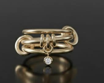 Chunky Gold Connector Ring | Multi-Linked Stacking Band | Moissanite CZ Dangle Jewelry Gift for Her