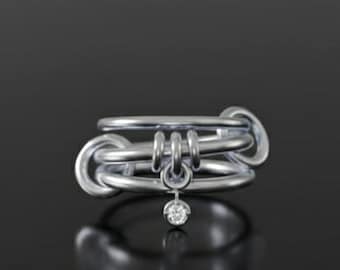 Chunky Gold Connector Ring | Multi-Linked Stacking Band | Moissanite CZ Dangle Jewelry Gift for Her