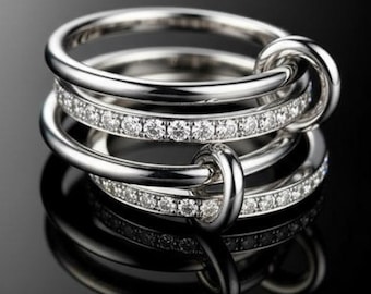 18K Gold Trendy Multi Link Ring with White Stones, Spinelli Kilcollin Dupe, Non-Tarnish