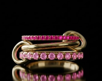 Pink Sapphire CZ Interlocking Ring | 18K Gold Plated Spinelli Style Multi-Band Jewelry | Dainty Eternity Stacking Ring Gift for He