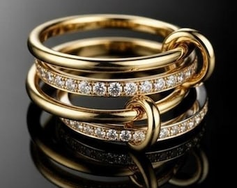 18K Gold Trendy Multi Link Ring with White Stones, Spinelli Kilcollin Dupe, Non-Tarnish