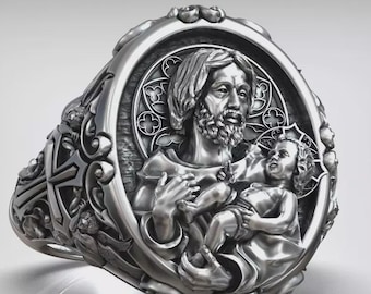 Saint Joseph Ring, Baby Jesus Christian Band, Silver Holy Family Ring, 925 Sterling Silver Handmade Religious Jewelry