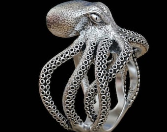 Solid Silver Octopus Wrap Ring - Solid Hand Cast 925 Sterling Silver - Three Dimensional Statement Ring - Ocean Animal Inspired Jewelry