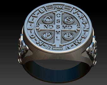 Saint Benedict Ring, Sao Bento Protection Ring, Catholic Christian Seal 925 Sterling Silver Religious Jewelry for Men & Women, Gift for Him