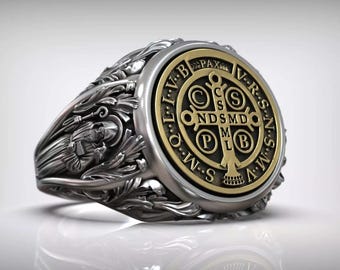 Saint Benedict Christian Catholic Ring, Benedictine Cross Protection Band, Religious Spiritual Jewelry for Men & Women