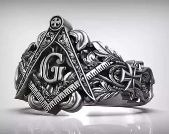 Freemason Ring, Square and Compass Masonic Symbol Band for Men, Handmade Mason 925 Sterling Silver Jewelry Gift