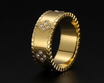 Gold Wide Band Ring with CZ Floral Motif-14K Gold Plated Statement Ring | Luxury Minimalist Wedding Style Band-Elegant Jewelry Gift for Her