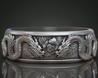 Dragons flower oriental band ring Handmade Large Dragon Ring: Men's women Gothic Fantasy Jewelry, Winged Dragon 925 Sterling Silver Ring