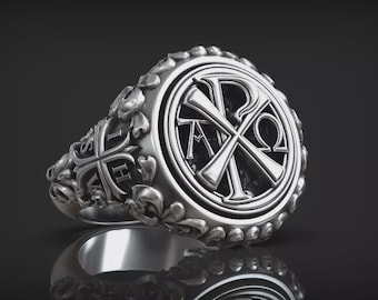 Chi Rho Alpha Omega Monogram Signet Ring, Jesus Christ Men Ring, Men's 925 Sterling Silver handmade Jewelry