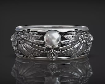 Mystical Crows Bird and Skull Gothic Raven Wings Band, Viking Wedding Band, Punk Jewelry 925 Sterling Silver